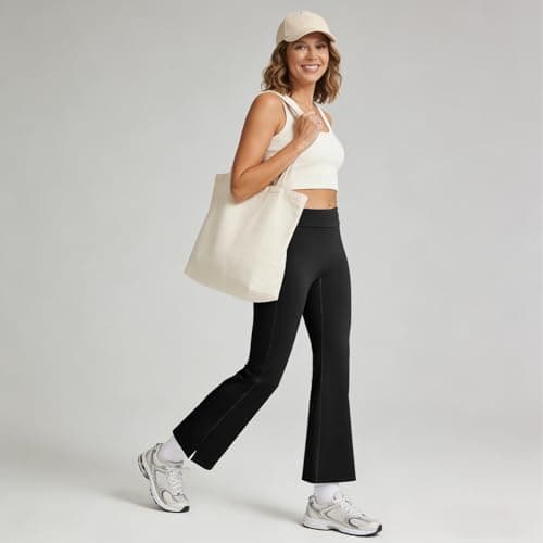 AMLEER Women's High Waist Full-Length Flare Leggings with Side Slit - Tummy Control Butt Lifting Gym Yoga Pants (Black, Small) - Thumbnail 3