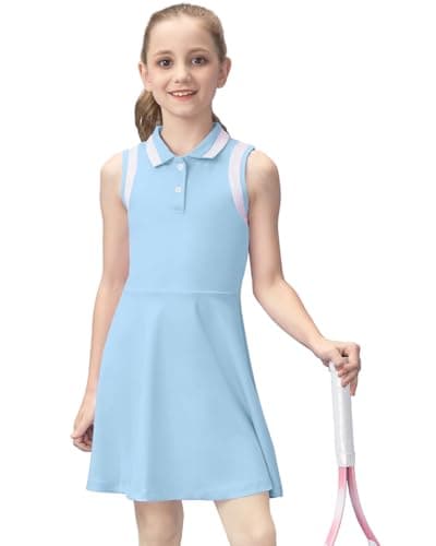 Gogokids Girls Tennis Dress Sleeveless Quick Dry Athletic Polo Dress for Golf Activewear Sports Outfit, Blue, 6-7 Years, 120 - Thumbnail 2