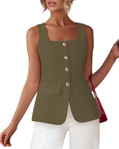 BTFBM Womens Sleeveless Suit Vests Dressy Casual Square Neck Business Work Waistcoat Spring Button Blazer Vest Tops 2026(Army Green, Large) - Image 1