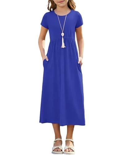 Girl's Summer Short Sleeve Maxi Dress Casual Kids Empire Waist Crewneck Empire Waist Long Maxi Dresses 2026 Royal Blue XS - Image 1