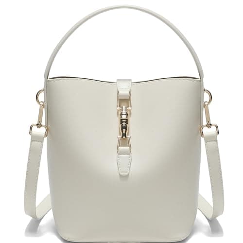 GEMIU Leather Bucket Bag, Crossbody Bags for Women Classic Simple Shoulder Purses Handbag with Adjustable Strap,Trendy Lock Design,White - Image 1