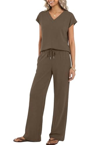 Casly Lamiit 2 Piece Sets for Women Summer Travel Vacation Outfits V Neck Short Sleeve Top Matching Set Casual Lounge Clothes Coffee XL - Image 1