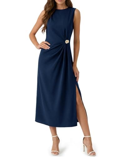 Wenrine Womens Sleeveless Ruched Maxi Dress Summer Casual Crewneck High Slit Back Zipper Long Dresses Navy - Image 1