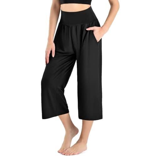 Ipletix Capri Pants for Women High Waisted Casual Wide Leg Yoga Pants with Pockets for Travel Gym Exercise 23" Inseam Black S - Image 1