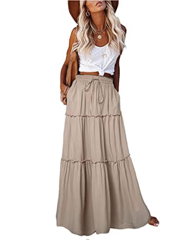 EARKOHA Trendy Lightweight Drawstring Tiered Ruffles Paisley Hippie Plus Size Bohemian Long Maxi Skirt with Deep Pockets for Office Music Festival Travel Picnic Dating Fall Outfits Solid-tan M - Image 1