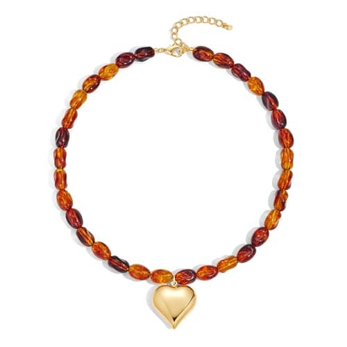 Lnmoieu Heart Pendant Necklace for Women Amber Acrylic Chunky Heart Pendant Necklace Boho Puff Heart Necklaces Acrylic Beaded Chain Jewelry Gift - Image 1
