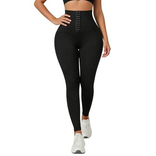 JSEMOY High Waist Compression Leggings with Waist Trainer, Black Athletic Workout Pants, Womens Yoga Tights Shapewear (US, Alpha, Medium, Regular, Regular, Black) - Image 1