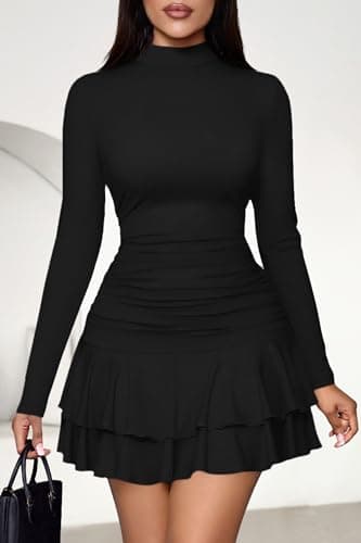 PRETTYGARDEN Women's Fall Long Sleeve Dresses 2026 Mock Neck Ruched Y2K Clothes Ruffle Layered Bodycon Mini Party Dress(Black,Large) - Thumbnail 6