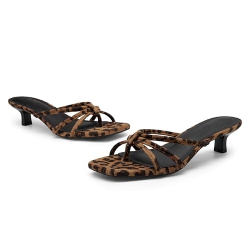 Athlefit Women's Strappy Kitten Heels Square Toe Flip Flop Short Low Heels Slip On Fashion Summer Leopard Heeled Sandals Size 8.5 - Thumbnail 6
