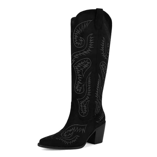 femflame Black Cowboy Boots for Women Knee High Boots Suede Vintage Western Boots Pull On Women's Cowgirl Boots with Pointed Toe Chunky Heels Embroidery Zipper for Daily Party - Image 1