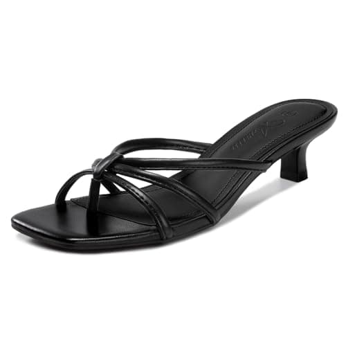 Athlefit Black Kitten Heels for Women Strappy Flip Flop Low Heels Square Toe Summer Slip On Heeled Thong Sandals Size 9