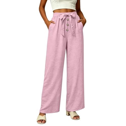 Linen Wide Leg Pants for Women, High Waisted Button Work Casual Flowy Tie Knot Trousers with Pockets, Lightweight Breathable Summer Vacation Beach Office Work Womens Palazzo Pants 2026PinkXXL - Image 1