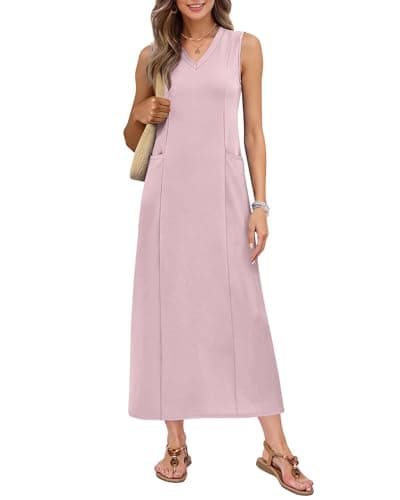 MISFAY Women's Sleeveless V Neck Maxi Dress with Pockets Vacation Outfit GP Dusty Pink - Image 1