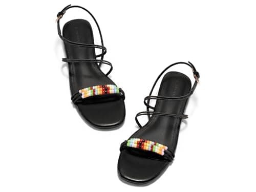 Coutgo Womens Strappy Flat Sandals Open Toe Lace Up Beaded Gladiator Flats Ankle Strap Summer Beach Shoes, Black, Size 6.5 - Image 1