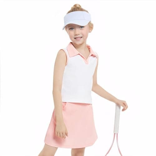 Gogokids Girls Tennis Dress with Shorts Golf Polo Tank Top and Skorts Sets with Pockets Athletic Workout Outfit Sets, Pink(130/8-9 Years) - Thumbnail 2