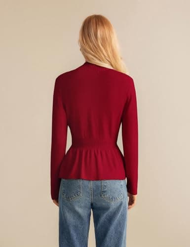 GRACE KARIN Women Cardigan Sweaters 2025 Fall,Long Sleeve Cropped Sweater Coat Trendy,Button Front Peplum Tops Lightweight Red - Thumbnail 3