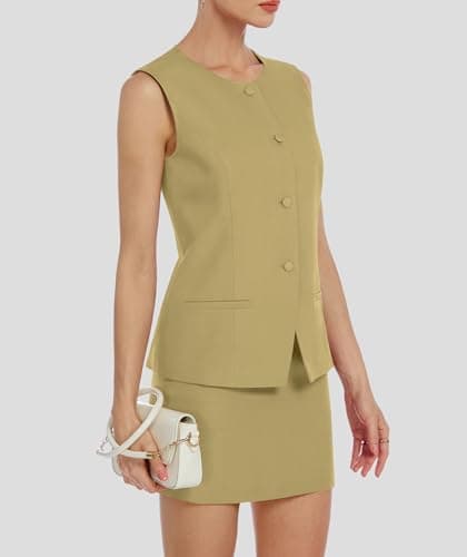 Casly Lamiit Womens 2 Piece Blazer Outfits Summer Vest Suit Short Skirt Sets Business Casual Button Down Vest Work Matching Set Mustard Yellow M - Thumbnail 3