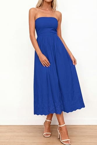 PRETTYGARDEN Womens Summer Dresses 2026 Sexy Sleeveless Tube Top Long Dress Eyelet Cotton Maxi Beach Sundress Pockets(Blue,Large) - Thumbnail 4
