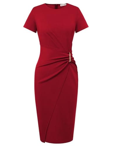 GRACE KARIN Work Dresses for Women 2026 Short Sleeve Sheath Business Dress Ruched Bodycon Office Cocktail Dress Red M - Image 1