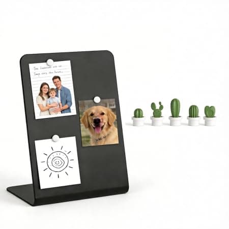 Compact Desktop Magnetic Board with 5 Cactus Magnets, 70° Ergonomic Tilt & Reusable Metal Panel - Space-Saving for Home Kitchen, Office Desk & Study Room, Perfect for Notes, Photos & Doodles