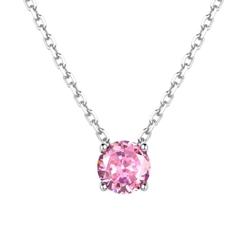 Just Being Cute White Gold Crystal Solitaire 1.0 Carat(6.5mm) Birthstone Pendant Cubic Zirconia Necklace, Dainty White Gold Plated Necklace for Women, Birthday Mother's Day Gifts-Pink Sapphire - Image 1