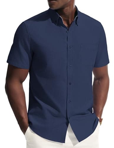 PJ PAUL JONES Mens Dress Shirts Oxford Button Down Shirt Short Sleeve Business Casual Untucked Shirts with Pocket Navy Blue S - Image 1