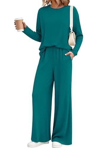 KIRUNDO Spring 2 Piece Lounge Sets for Women Long Sleeve Ribbed Knit Tops Wide Leg Pants Matching Travel Outfits Postpartum(Lake Blue, Small) - Image 1