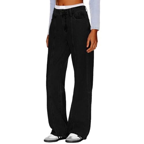 MARIASHA Pull On Women's Wide Leg Jeans High Waisted Stretchy Buttoned Denim Pants Jean Black 3XL - Thumbnail 5