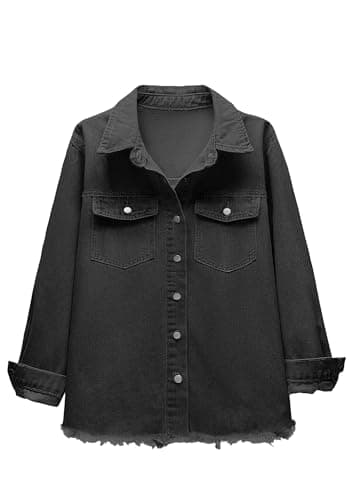 Bosmeer Essentials Denim Jackets for Women Trendy Long Sleeve Button Up Denim Shirt Jacket Jean Shacket with Pocket Distressed Summer Jackets - Thumbnail 4