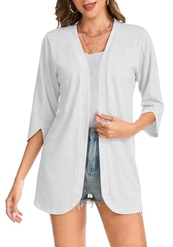 Bosmeer White Tops for Women Summer Cardigan 3/4 Petal Sleeve Breathable Open Front Flowy Swimsuit Coverup for Wedding Guest S - Image 1