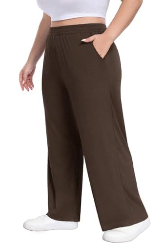 Lastshe Plus Size Comfy Lounge Pants for Women Wide Leg Stretchy Knit Pull On Trousers High Waist Travel Yoga,Chocolate Brown,4X - Thumbnail 4