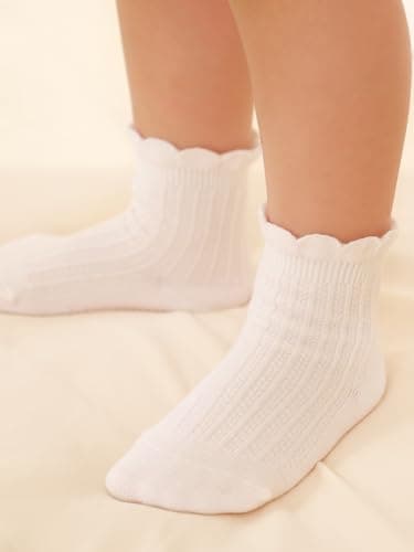 ALLOVIN 6 Pairs Non-Slip Ruffle Lace Socks for Baby & Toddler Girls – Soft Cotton Grip Socks | Pure White/Off-White | 6-12 Months - Thumbnail 2