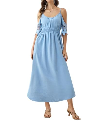 Women's 2026 Summer Casual Sky Baby Blue Adjustable Spaghetti Strap Cold Off Shoulder Short Lace Sleeve Empire Elastic Waist A-line Split Pockets Midi Dress Beach Vocation Dating Night Wear Dresses - Image 1
