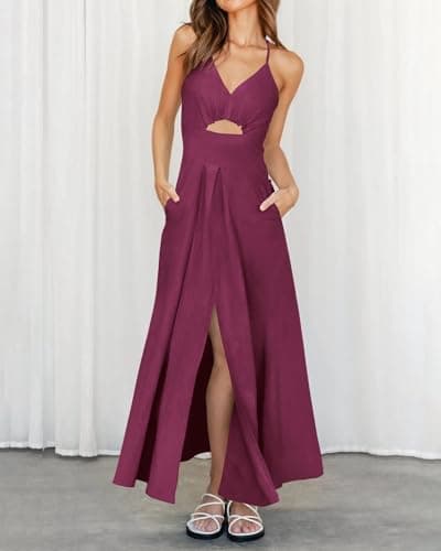 BTFBM Women 2026 Spaghetti Strap Midi Summer Dresses Sleeveless V Neck Cutout Slit Casual Beach Party Maxi Dress Pockets(Purple, Small) - Thumbnail 6