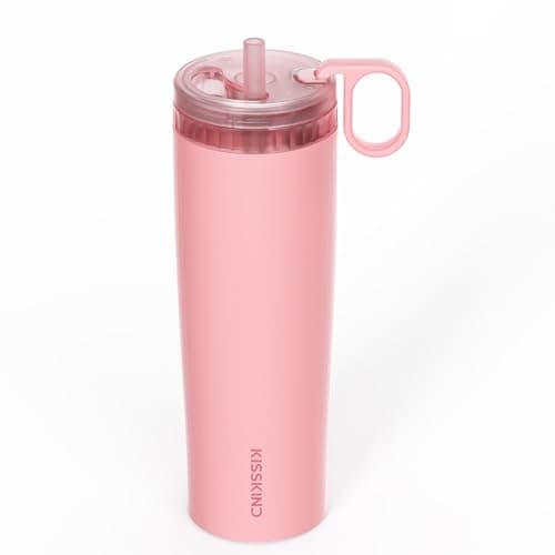 KISSKIND 24 Oz Iced Coffee Tumbler with Hidden Straw, Insulated Stainless Steel Coffee Tumbler, Leakproof Ceramic Lined Travel Cup for Subway Commuting, Slim Cold Brew Tumbler for To-Go, Peach Sorbet - Image 1