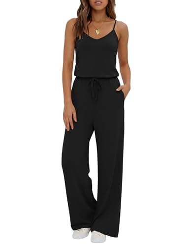 Ekouaer Womens Summer Jumpsuits Dressy Sleeveless Wide Leg Long Pants Rompers Casual One Piece Outfits with Pockets Black M - Image 1