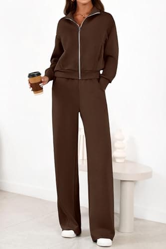 PRETTYGARDEN Women's 2 Piece Outfits Spring Sweatsuits Zip Up Sweatshirt Wide Leg Sweatpants Casual Tracksuit Lounge Sets(Brown,Medium) - Thumbnail 2