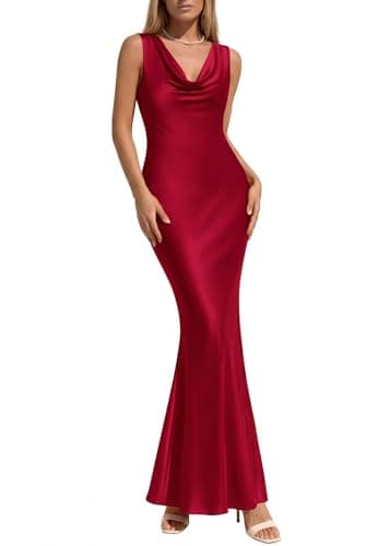 KIRUNDO Womens Summer Cowl Neck Sleeveless Satin Maxi Dress Elegant Bodycon Cocktail Wedding Guest Party Long Dresses(Red, XX-Large) - Image 1