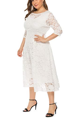 Eternatastic Womens Scooped Neckline Floral lace Top Plus Size Cocktail Party Midi Dress 4XL White - Thumbnail 5