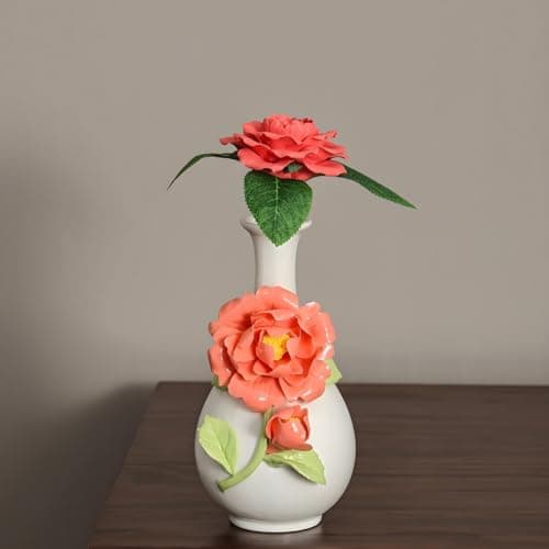 Handmade Pinched Flowers Ceramic Vase with One Ceramic Rose Flower, Home Decor Ceramic Vase for Dining Table, Living Room, Kitchen, Bedroom, Shelf, Office, Coffee Table, Restaurant & Fireplace Mantel - Thumbnail 6