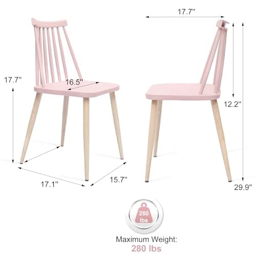 Xdeco Contemporary Windsor Design Plastic Dining Chair, Living Room Chair, Patio Chair, Armless Chair with Wood Texture, for Home, Office, Kitchen, Dining Room, Set of 4 (Pink) - Thumbnail 3
