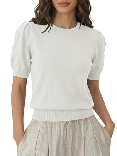 LaGracia Womens Cropped Sweater Puff Short Sleeve Spring Summer Work Tops Crew Neck Sweaters White 2XL - Image 1