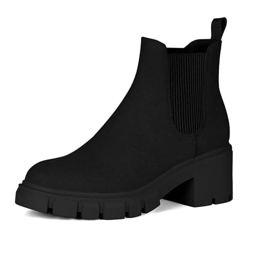 Athlefit Women's Chelsea Boots Fashion Lug Sole Chunky Heel Slip on Elastic Ankle Booties Black Suede Size 5.5 - Image 1