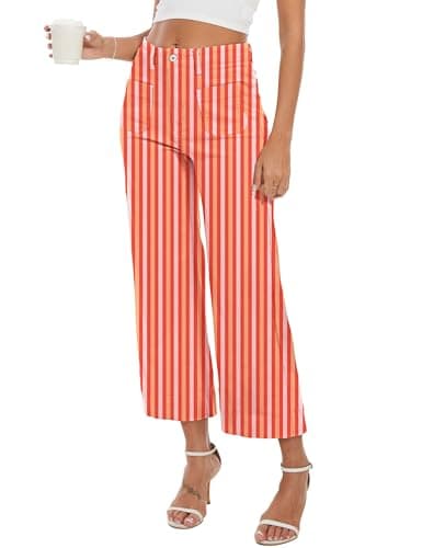 DAOAO Orange Striped Pants Women Cropped Jeans High Waisted Stretchy Wide Leg Jeans Woman Denim Pant Trendy S - Thumbnail 3