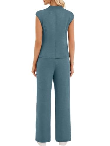 Casly Lamiit 2 Piece Sets for Women Summer Travel Outfits Casual Wide Leg Pants Short Sleeve Airport Lounge Sets Spring Clothes Storm Blue M - Thumbnail 5
