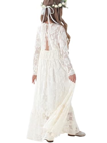 ALLOVIN Toddler & Girls Long Sleeve Lace Flower Girl Dress Maxi Boho A-Line Dress for Wedding Baptism 1st Communion | Ivory | 4-5T - Image 1