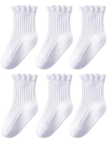 ALLOVIN 6 Pairs Non-Slip Ruffle Lace Socks for Baby & Toddler Girls – Soft Cotton Grip Socks | Pure White | 6-12 Months - Image 1