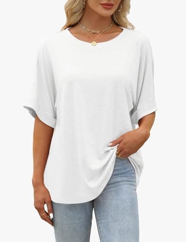 GKBK Womens Oversized T Shirts Crew Neck Short Sleeve Tops Spring Summer Business Dressy Casual Loose Fit Workout Work Basic Tee Blouse 2026 Beach Vacation Trendy Plus Size Clothes Outfit White L - Thumbnail 2