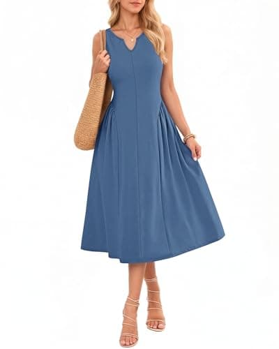 MISFAY Womens Summer 2026 Casual Midi Maxi Dresses Lightweight Sleeveless V Neck Flowy Beach Dress Pockets (Beja Blue) - Image 1
