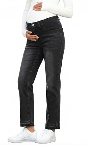 BLENCOT Maternity Jeans for Women Elastic High Waisted Denim Work Pants Casual Straight Leg Stretchy Comfy Pregnancy Jean with Pockets Large Black - Image 1